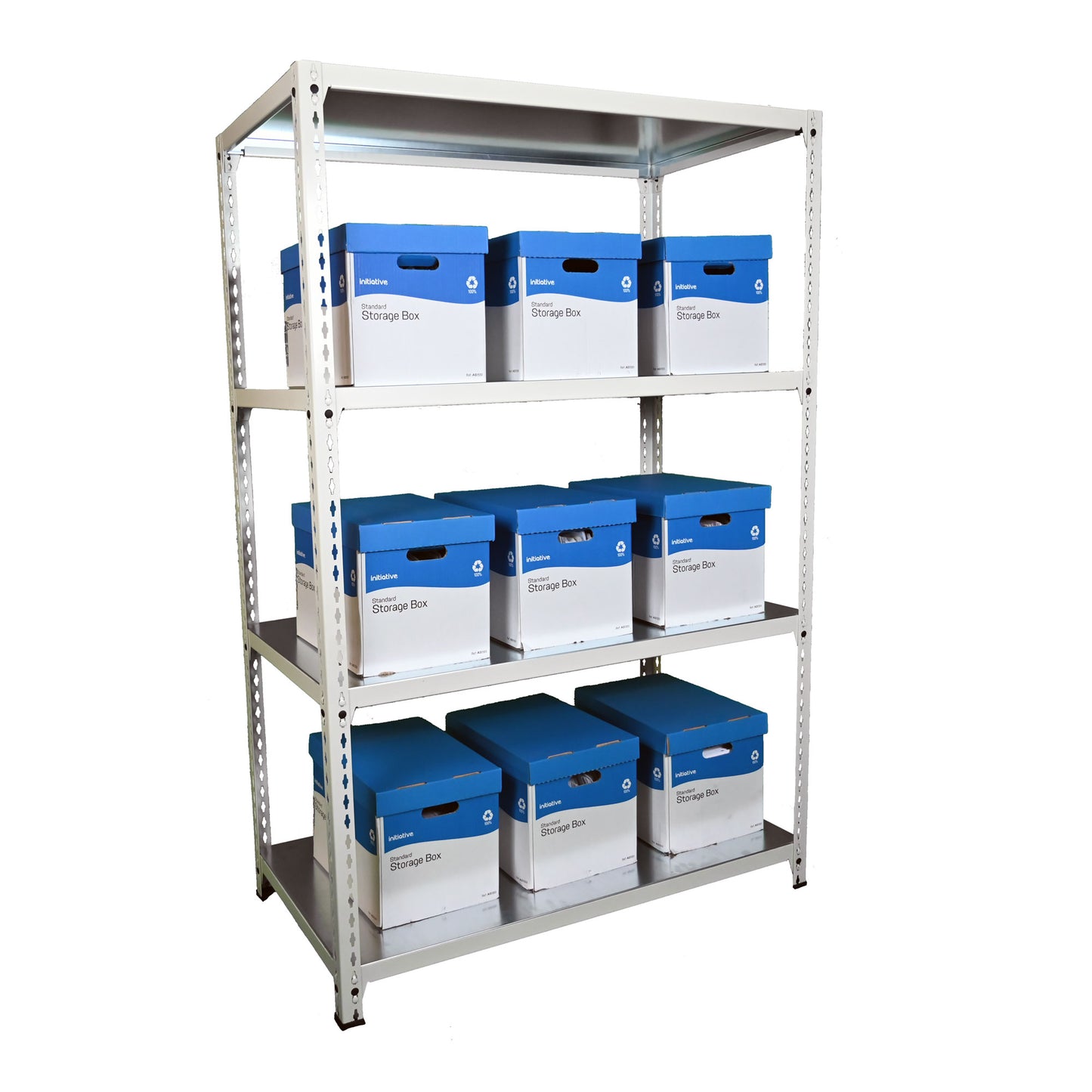 Speedrax medium duty shelving system, with metal shelves. the system is loaded with document boxes.