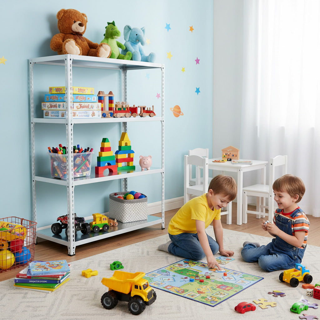 Children playing with toys in a room with a Speedrax medium Duty metal shelving unit and colorful wall stickers.