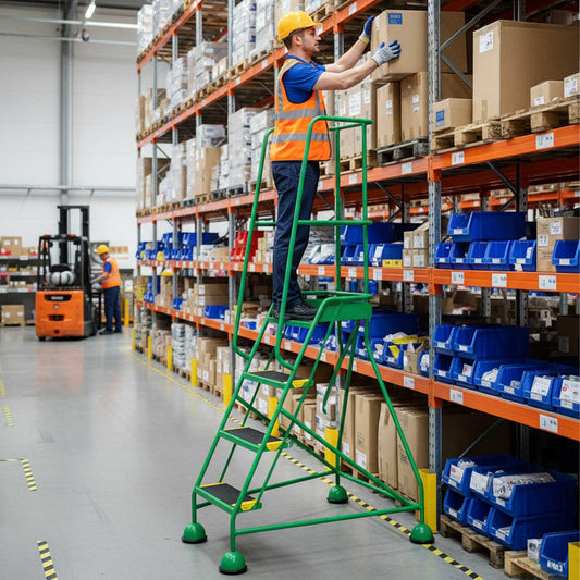 Warehouse steps in a busy warehouse