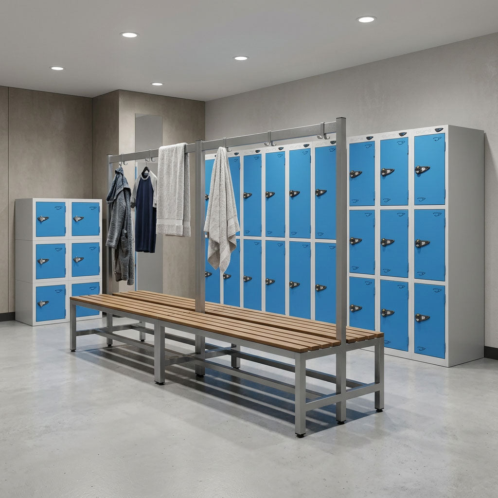 Cube, Pure or Staffroom Lockers? A locker room with a cobination of cube and regular lockers.