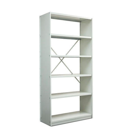 IronStor Profile Open Braced Steel Shelving. White metal shelving, 5 shelves on a white background.