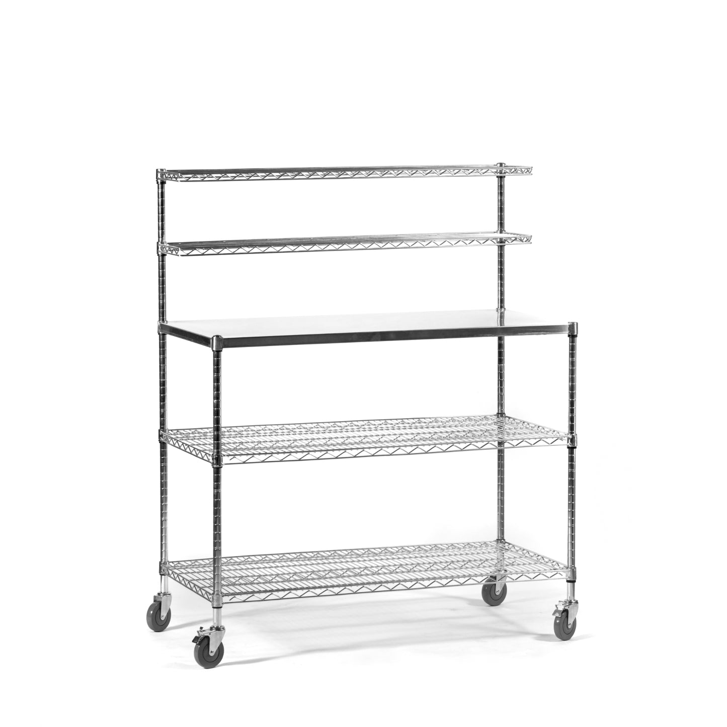 ESD Workbench with chrome frame and shelves, ideal for electronics manufacturing and repair stations.