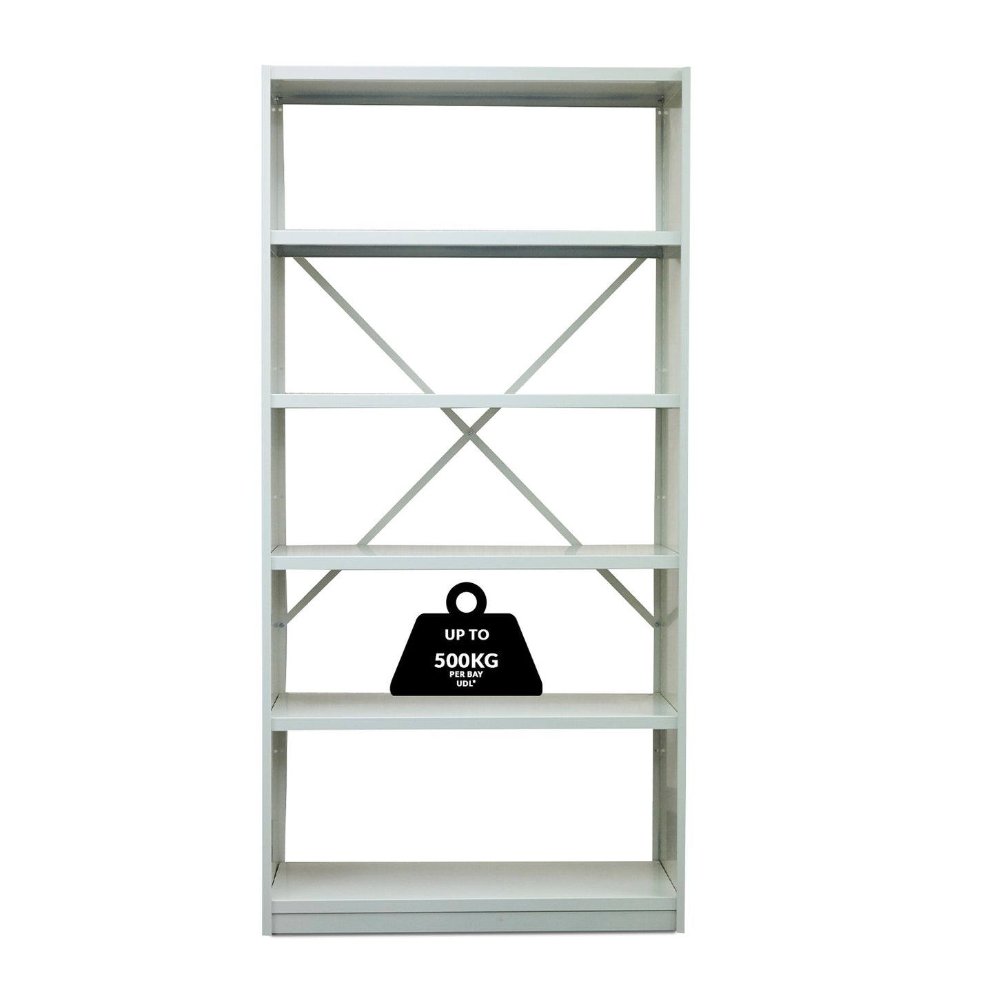 White metal shelving unit with a black weight indicator on a white background