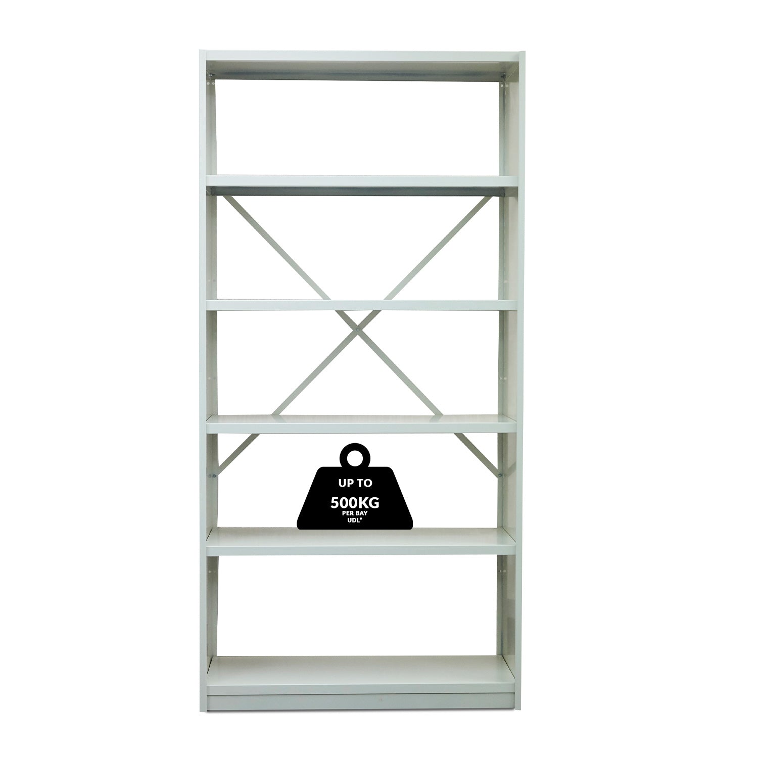 White metal shelving unit with a black weight indicator on a white background