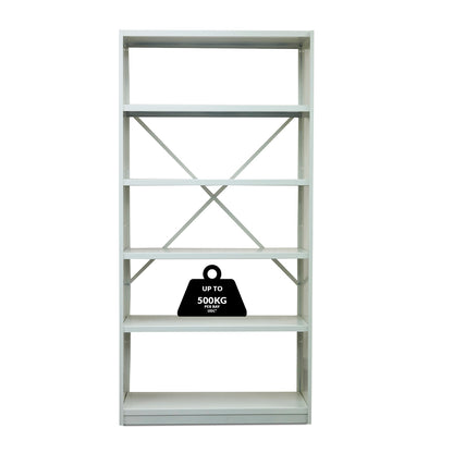 White metal shelving unit with a black weight indicator on a white background