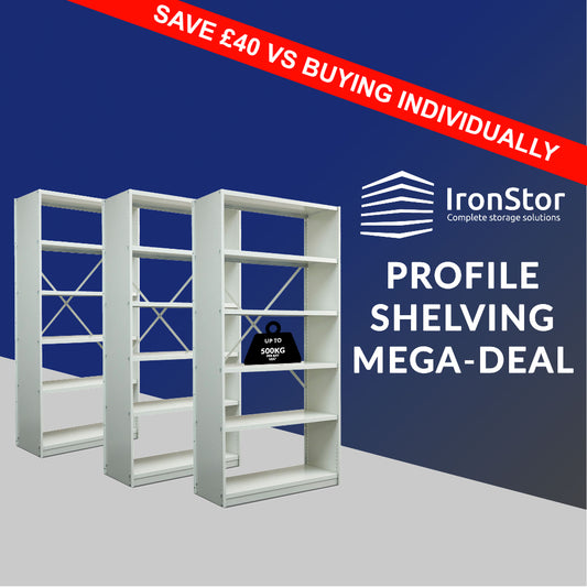 Profile - Braced Open Steel Shelving 1875mm Tall 3 Bay Mega Bundle