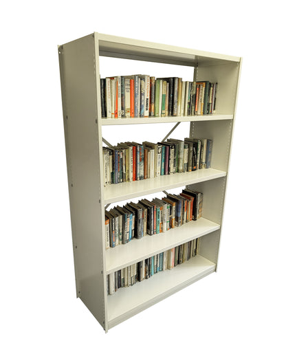 Ironstor Profile Library Shelving - White, metal, cross braced shelving Loaded with books.