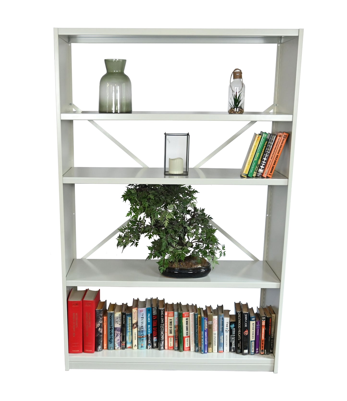Braced open steel shelving for homes - loaded with household items.
