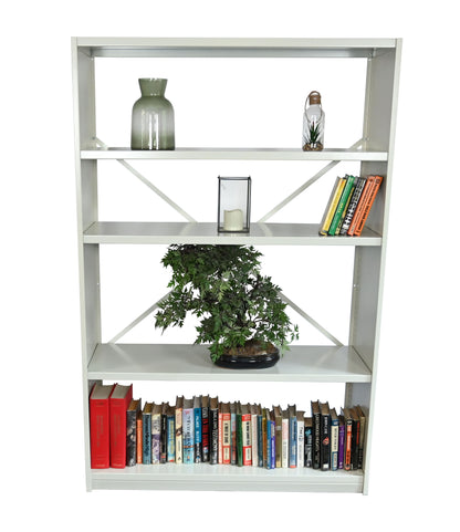 Braced open steel shelving for homes - loaded with household items.