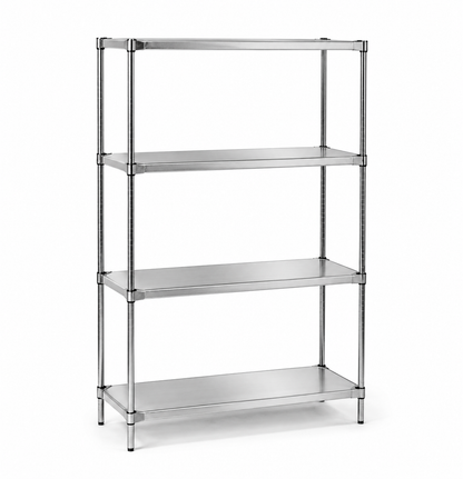 Eclipse 4 tier solid stainless steel shelving unit, 1820mm high, for wet areas and ESD use.