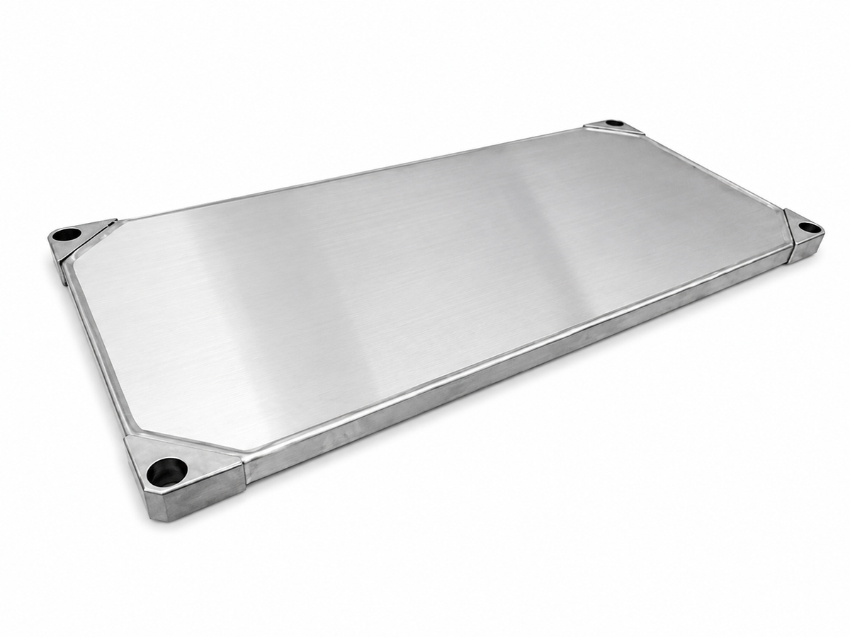 Solid stainless steel spare shelf with dished edge for Eclipse shelving. 300kg capacity.