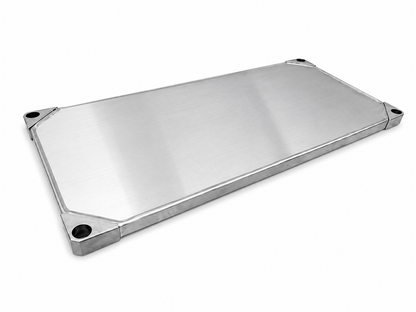 Solid stainless steel spare shelf with dished edge for Eclipse shelving. 300kg capacity.