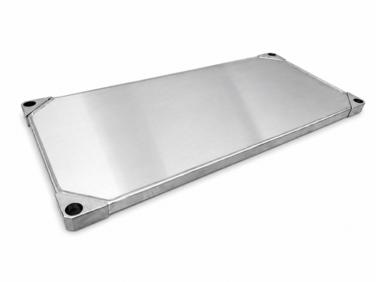 Solid stainless steel spare shelf with dished edge for Eclipse shelving. 300kg capacity.