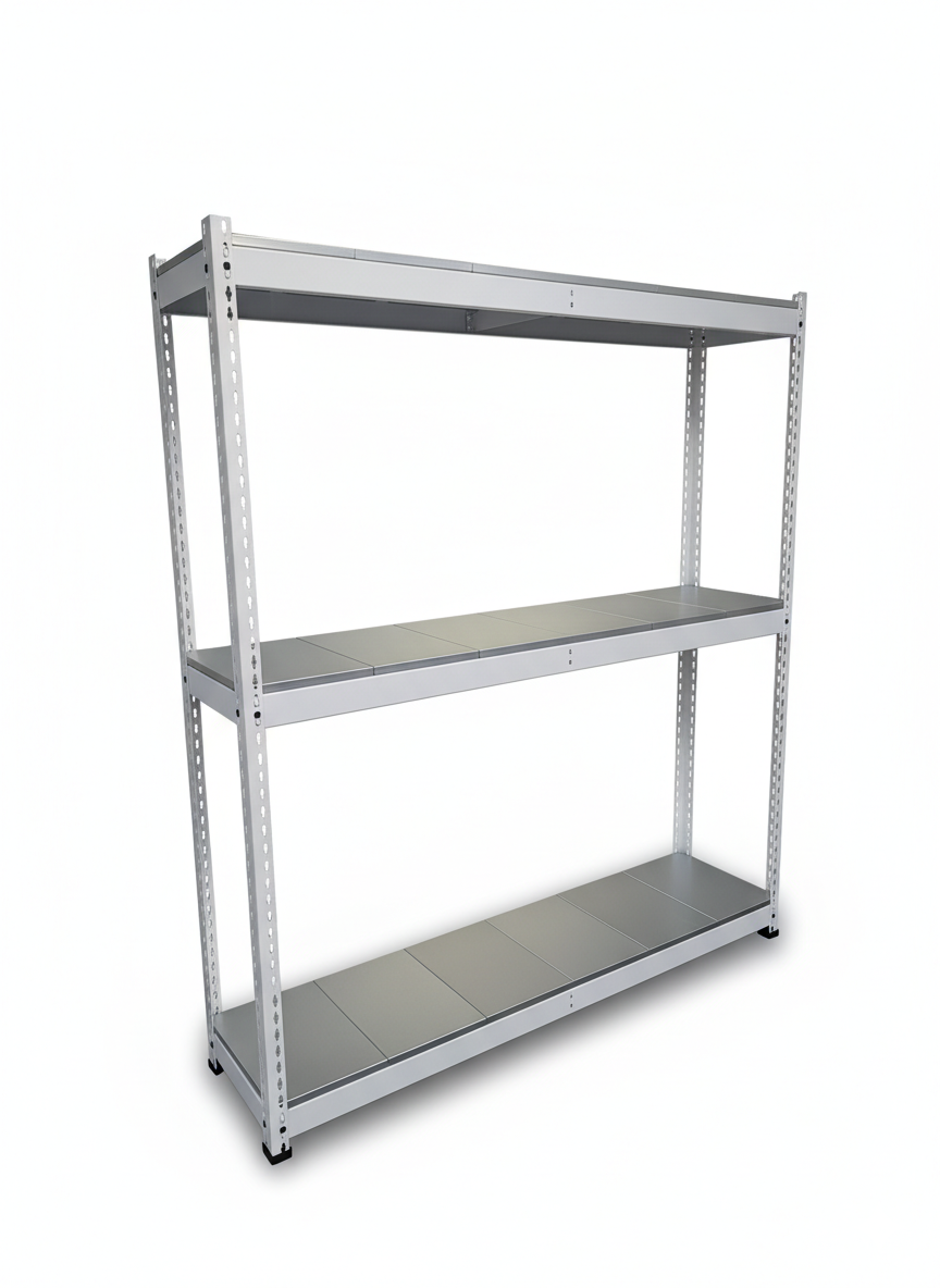 Metal shelving unit with three shelves on a white background