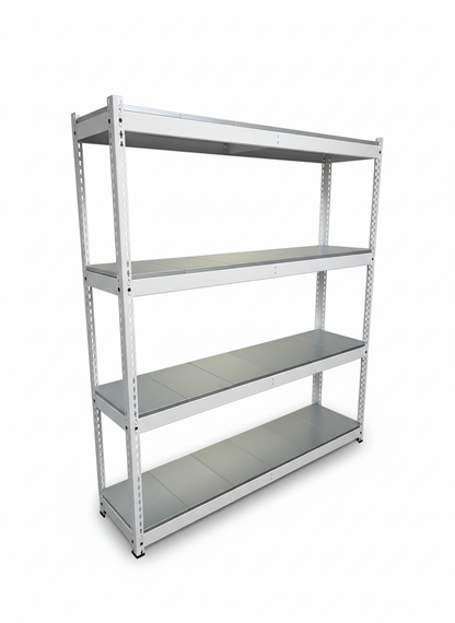Heavy duty metal shelving unit with four shelves on a white background
