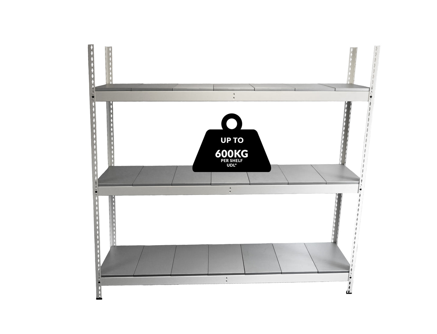 Speedrax Heavy Duty Metal shelving unit with a weight capacity indicator on a white background