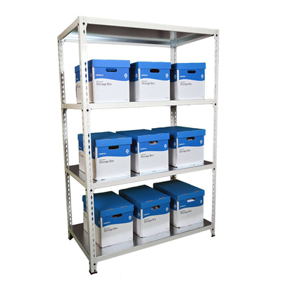 Speedrax medium duty shelving system, with metal shelving decks. the system is loaded with document boxes.