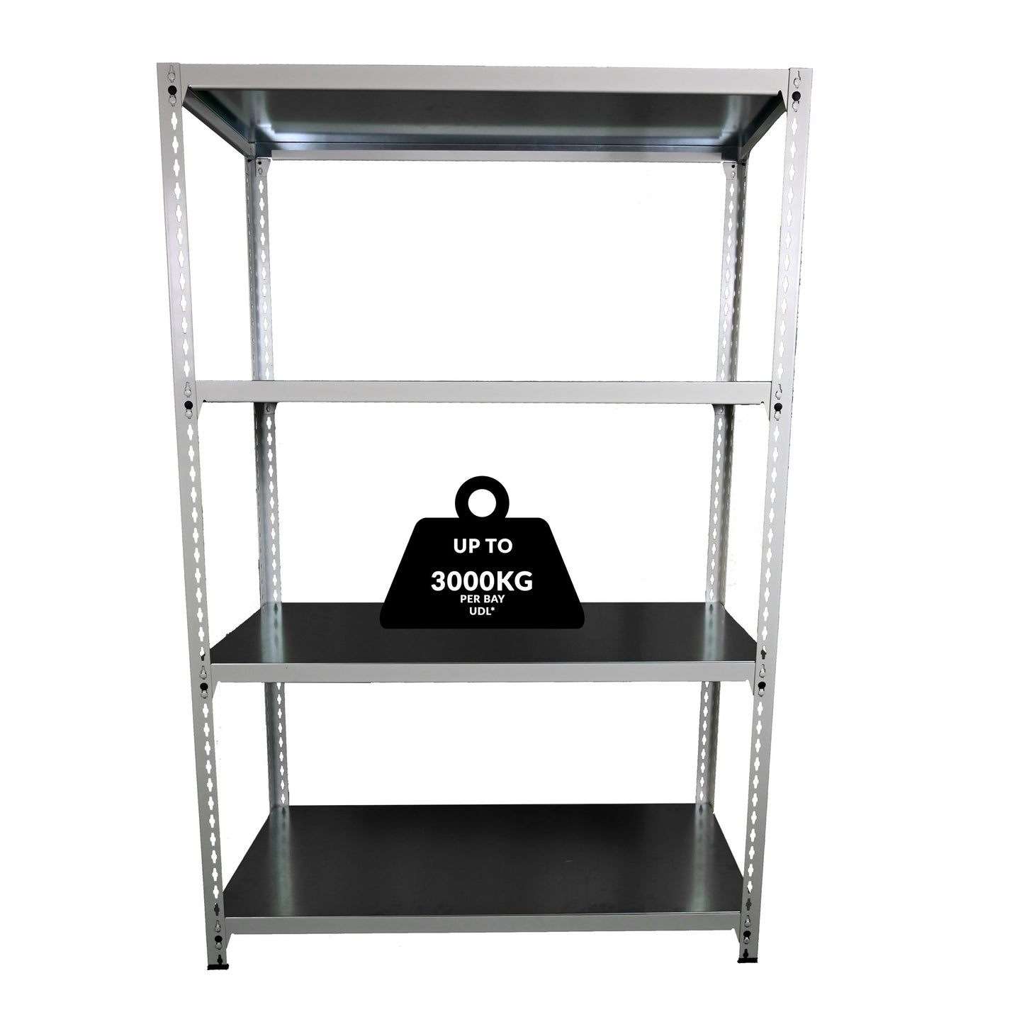 Speedrax metal shelving unit with four shelves and weight capacity, on a white background