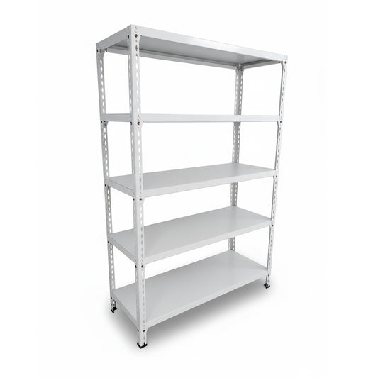 Speedrax metal shelving unit with five shelves on a white background