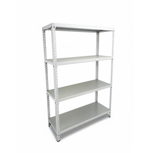 Metal shelves with four shelves on a white background