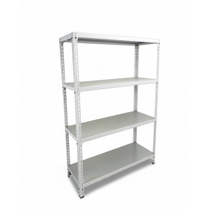 Metal shelving unit with four shelves on a white background