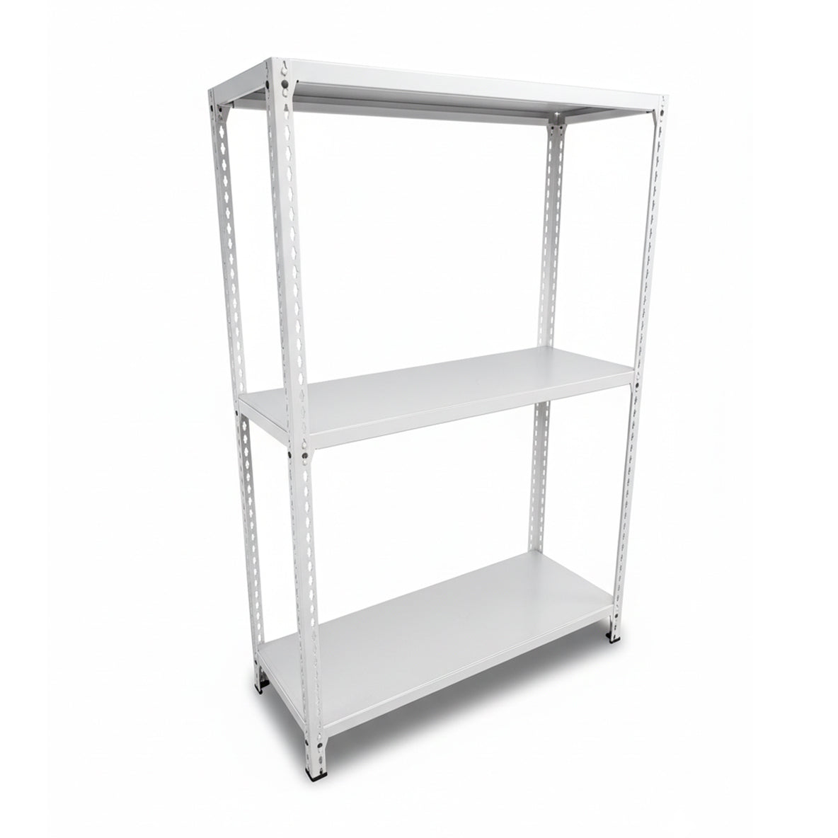 Metal shelving unit with three shelves on a white background
